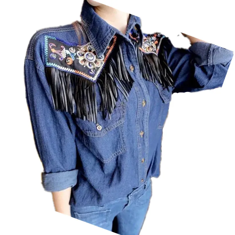 

2019 New Fashion womens Spring Autumn retro embroidered leather female denim shirt LXT151