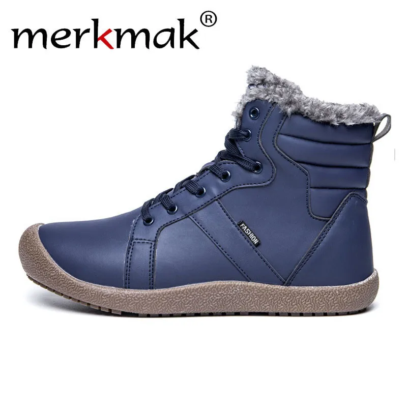 

Merkmak Men Ankle Snow Boots Winter Warm Breathable Men Leather Boots Lace Up Autumn Fur Plush Boots Casual Work Shoes Big Size