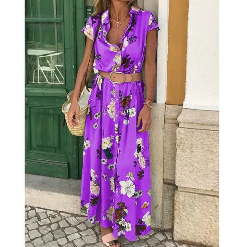 

2019 new Boho Maxi Dress High Waist Button Slim Floral Print Beach Long Sundress Women Casual Short Sleeve V Neck With Belt