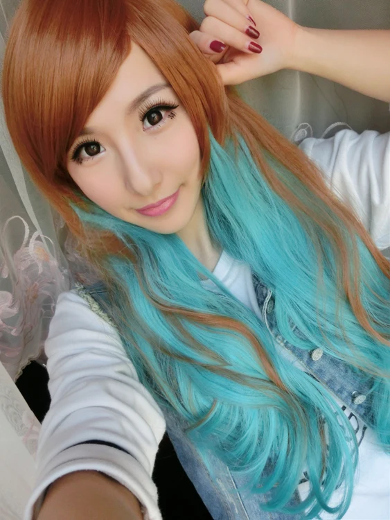 Natrual Wavy Pruik Heat Resistant Brown Blue Ombre Wig Perucas