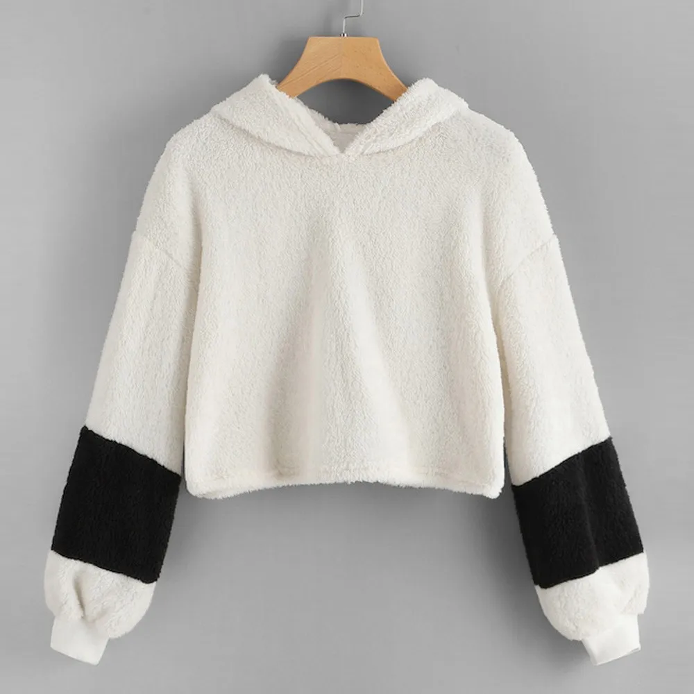 

Korean Style Womens Crop Top Hoodies Sweatshirt Casual Long Sleeve Faux Fur Hoodies Embellished Hooded Sweatshirt Pullover Tops Sudadera Mujer Moletom