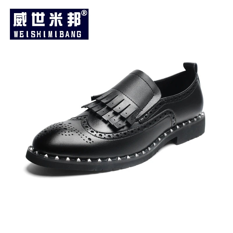 US 6-10 Trendy Men Tassel Rivet Oxfords Elegant Craved Wing Tips Brogue Shoes Man Fringe Slip On Oxfords Dress Shoes