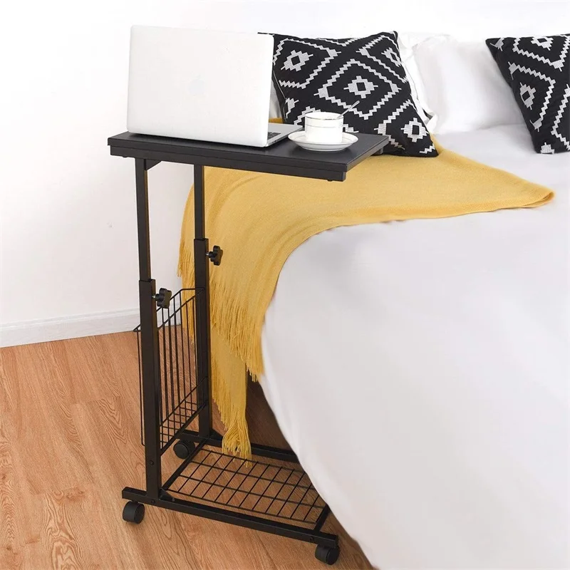  C Shaped Height Adjustable Sofa Side Snack End Table Compact Size Sturdy Steel Frame Storage Mesh R