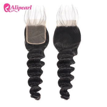 

AliPearl Hair Brazilian Human Hair Loose Deep Lace Closure 4X4 Free Part With Baby Hair 8-20 inch Natural Color 1b Remy Hair