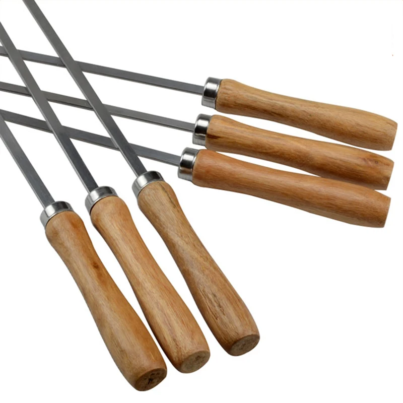 6/10/12pcs Wooden BBQ Shish Kebab Skewers 16.5in 42cm Stainless Steel BBQ Sticks Barbecue Skewer Flat Stick Grill Kabob Needle