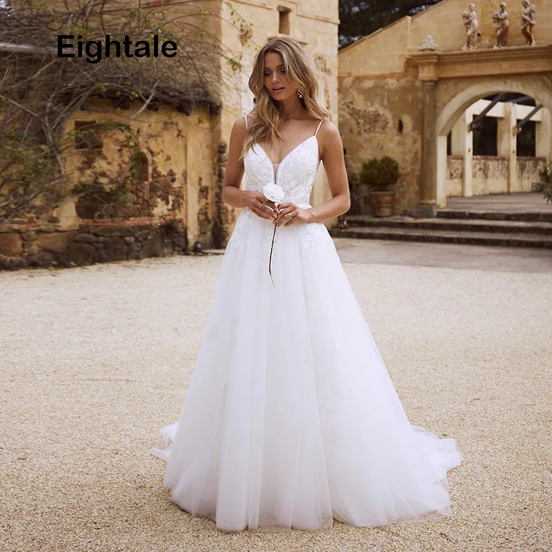 

Eightale Bohemian Wedding Dresses Beach 2019 Appliques Lace Spaghetti Strap Boho Wedding Gowns Romantic Vintage Bride Dresses