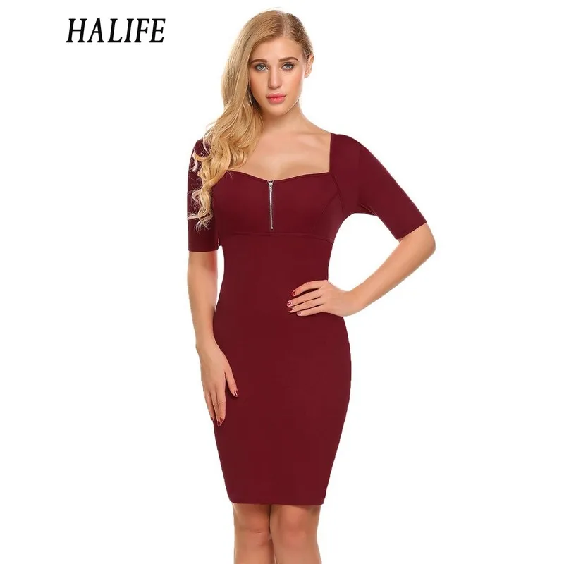 HALIFE Women Square Neck Office Work Dress Short Sleeve Patchwork Zipper Robe Vintage Red Party
