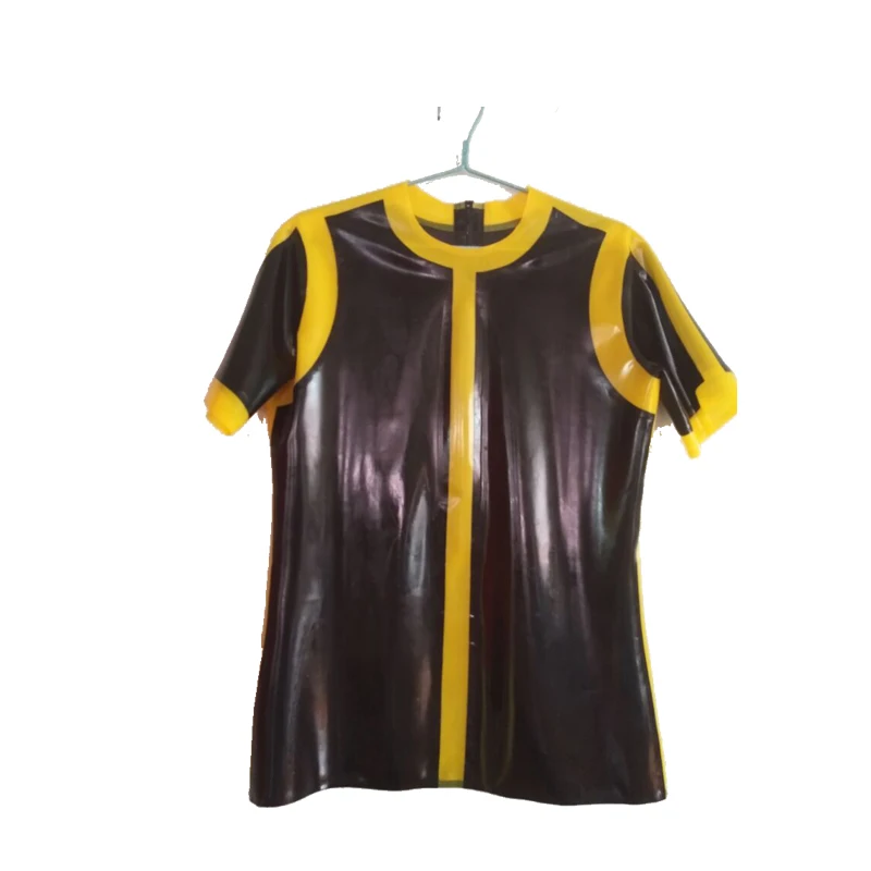 

Hot Latex Black and Yellow Short Slevees Top Unique Shirts 0.4mm Size XXS-XXL