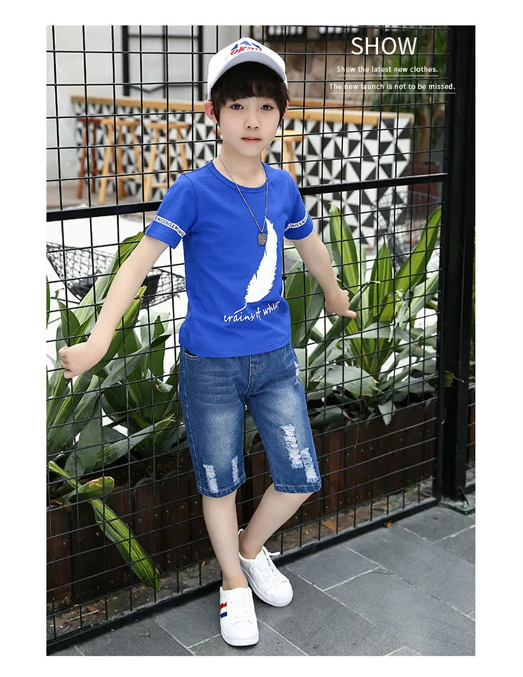 4-14 y boys summer set clothing 2019 boy child tracksuit kids sets knee length jeans pants children t-shirts boys 10 12 years (7)