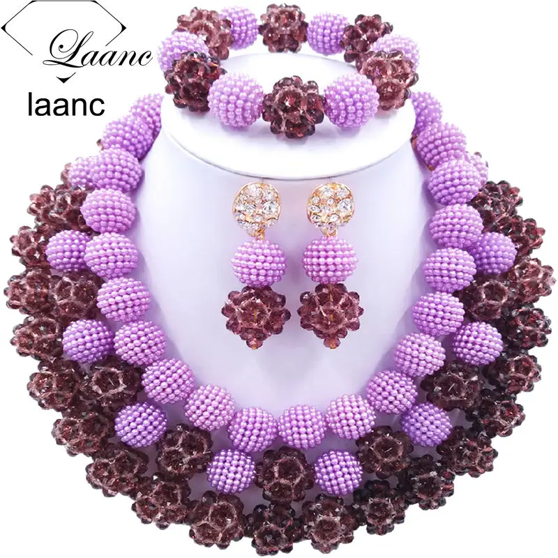 

Laanc Fashion Lilac Dark Purple Beads African Jewelry Sets for Women Nigerian Wedding Necklace J3PC019