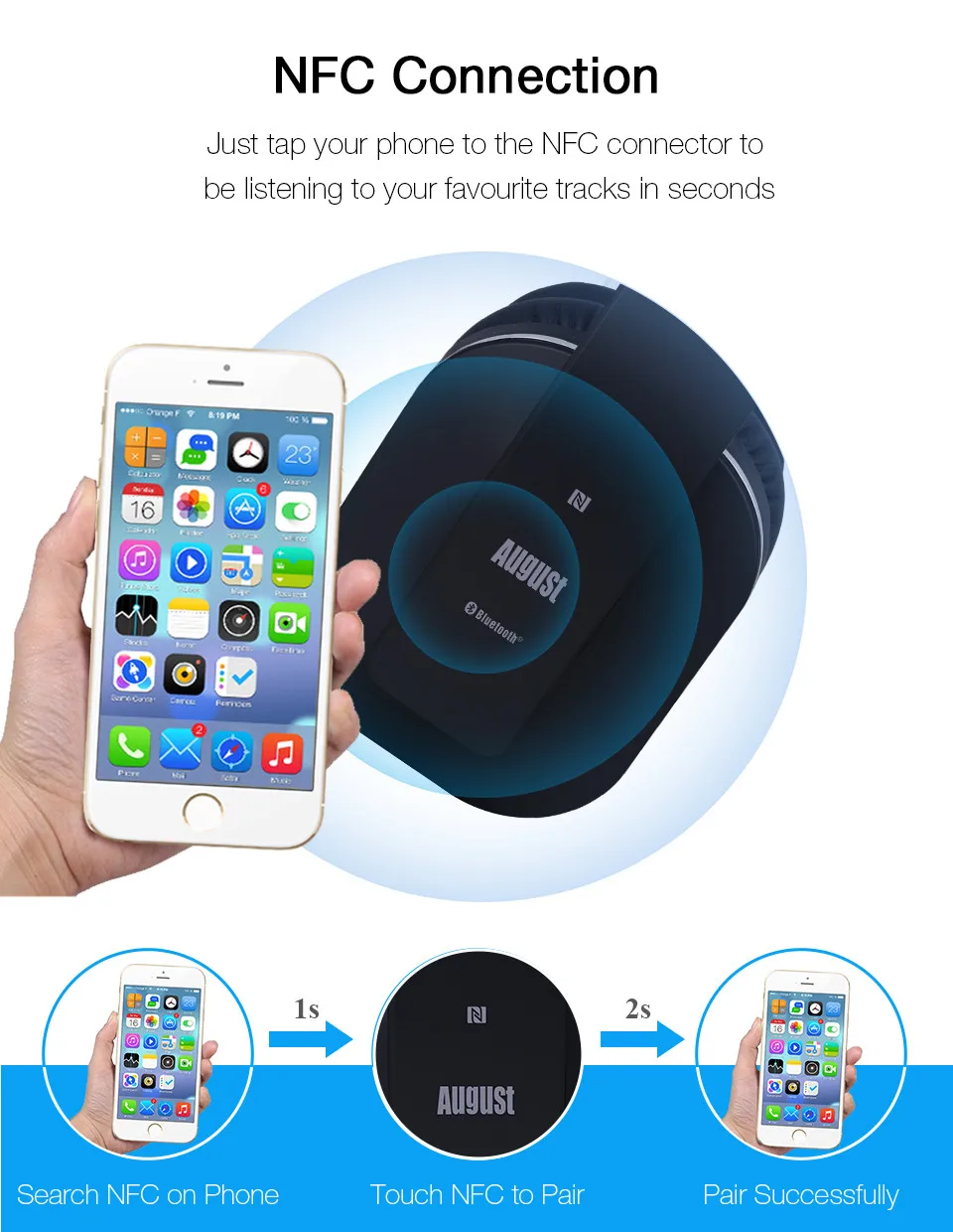 August EP650 Bluetooth Headphoens with NFC- Black