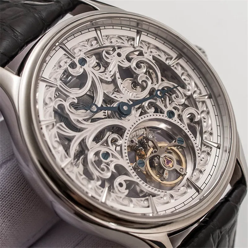 Полностью скелетные полые механические часы Мужские Оригинальные ST8000K Tourbillon Мужские наручные часы с крокодиловым кожаным ремешком сапфировые часы