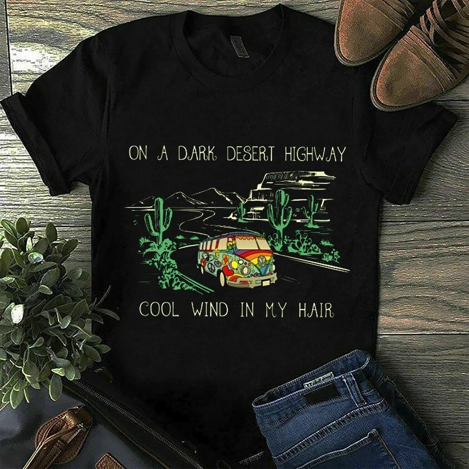

Hippie Car Cactus On A Dark Desert Highway Black T Shirt M 6 Xl