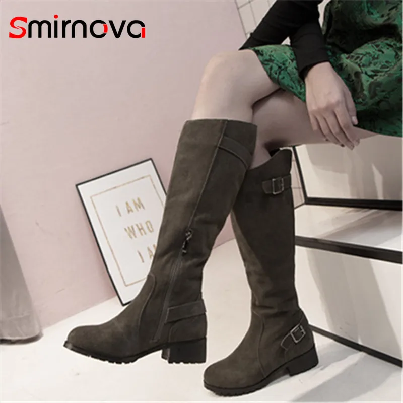 

Smirnova 2018 NEW arrival cow suede leather boots casual knee high boots zipper low heel long boots woman autumn winter shoes