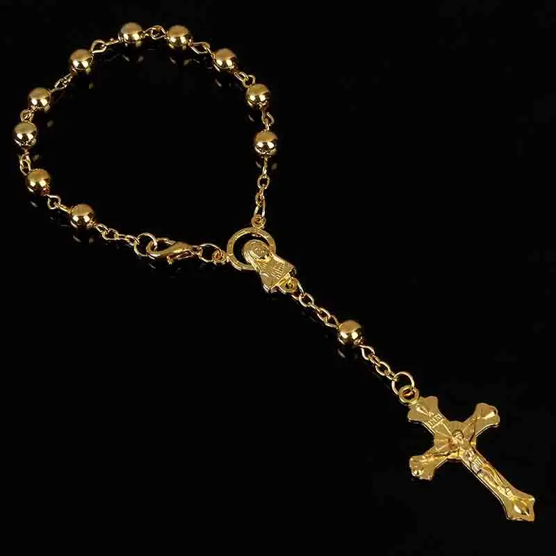 Catholic 6mm Golden Rosary Gold Beads Cross Bracelet, Glamour Lady Gold