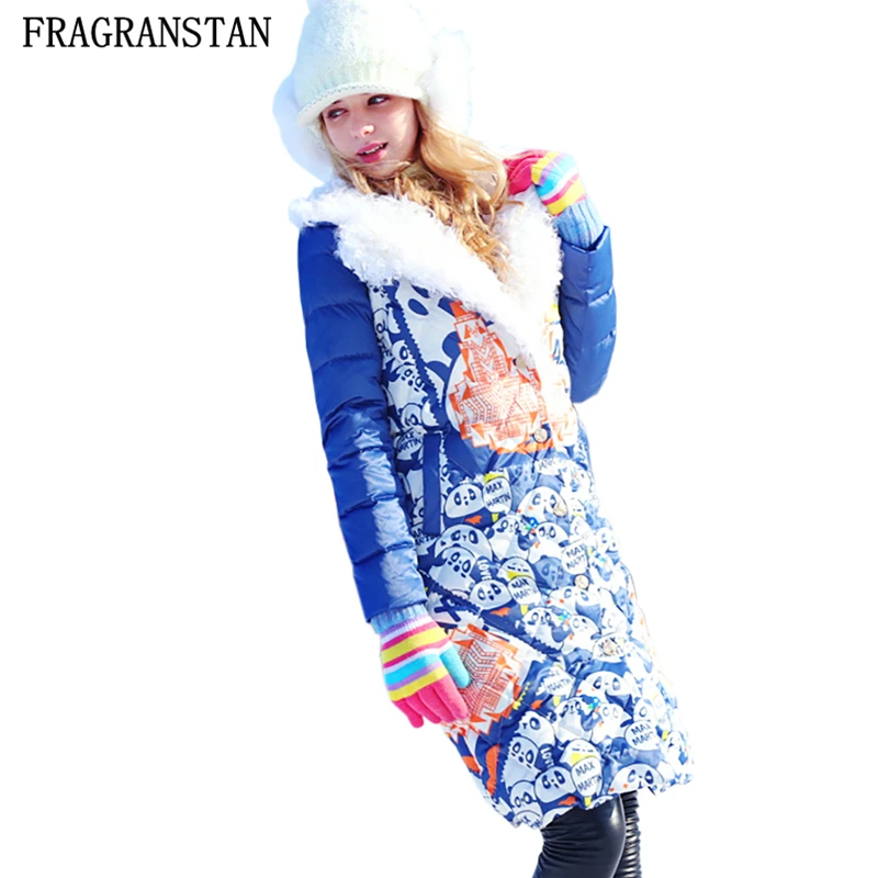 

2018 Women Autumn Winter Thick Fur Collar Down Jacket Female Fashion Cartoon Letter Printed Parkas Casual High Quality Coat Q622