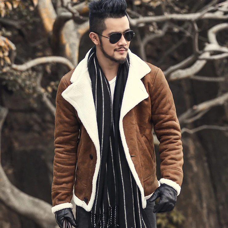 2016 Autumn vintage old leather jacket men wool lining men