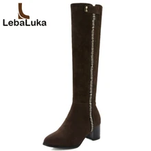 Tuyoki/женские сапоги до колена на низком квадратном каблуке; модные женские сапоги с острым носком; Женская качественная обувь на молнии; размеры 34-43