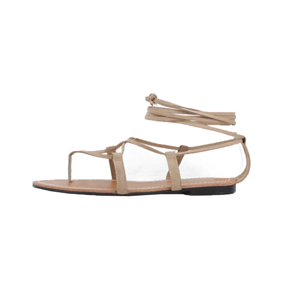 

SAGACE Summer Women Sandals Lace-Up Sandals Flat Bottom Sandals Ankle Strap Roman Shoe Round Toe Cross-tied Flock Sandals May 17