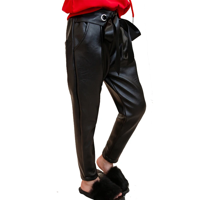 

Black Harlan PU Leather Pants for Kids Winter Clothes Girls Fashion Loose Solid Plus Thick Velvet Long Pants Children Soft Pant