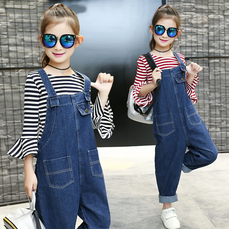 

Baby girls jumpsuit rompers 2019 new autumn denim pants children casual romper suspenders trousers full long pants and t shirts