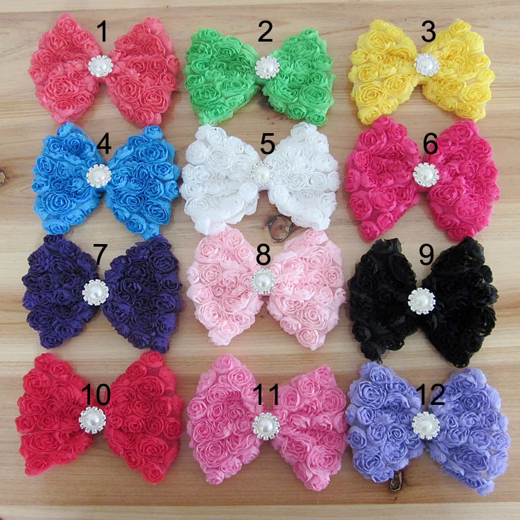 

12CM 30pcs/lot Big Rose Bows Shabby Chiffon Bows pearl center Without Clips DIY bows Hair Accessory