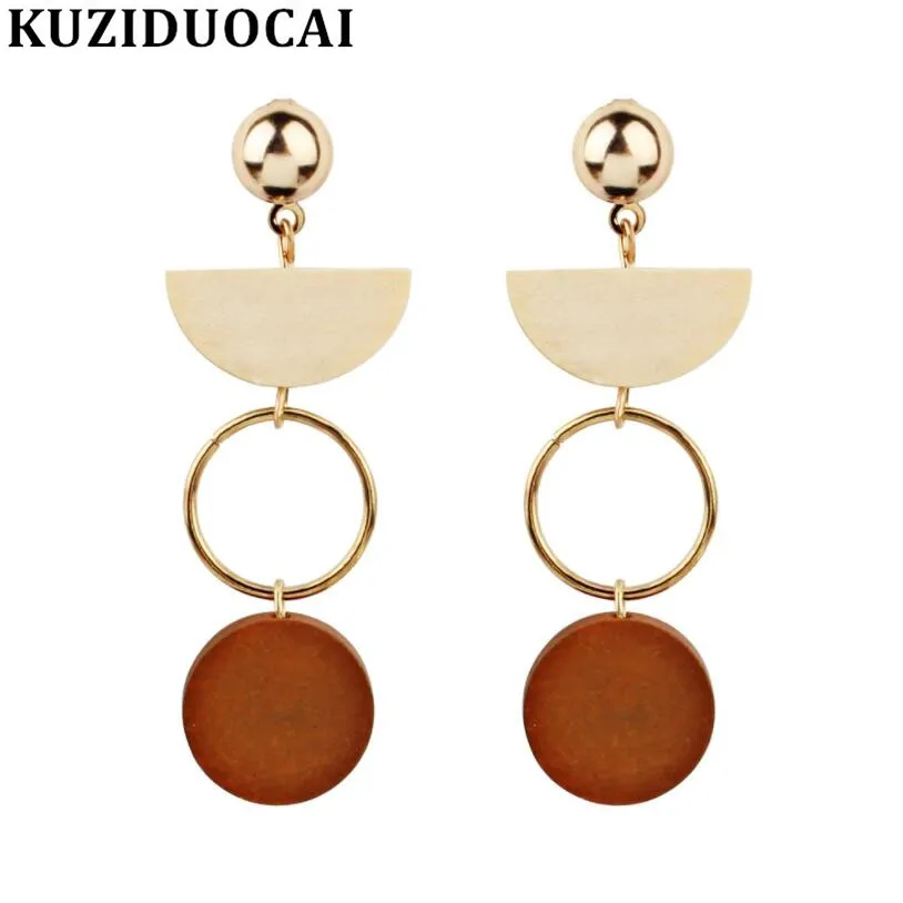 

Kuziduocai New Fashion Jewelry Bohe Crude Wood Copper Round Circle Moon Dangle Statement Drop Earrings For Women Aretes Brincos