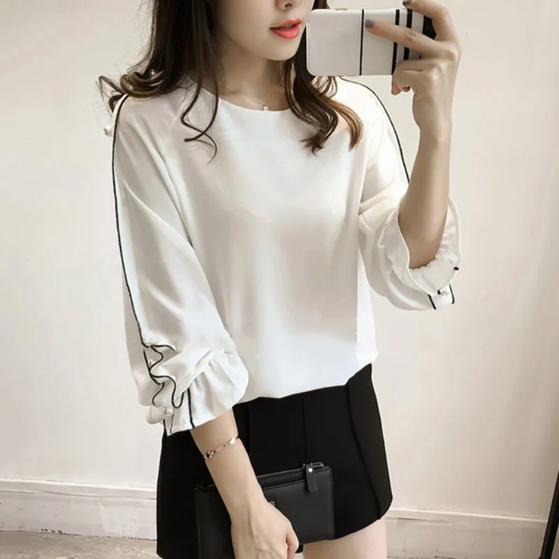 

Women Fashion Chiffon Shirt O-Neck Long Sleeve Tops Solid Blouse Casual Plus Size Shirt for Female 2017 Autumn CO1