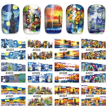 YZWLE Oil Painting/Palm/Sunset Full Cover Nail Stickers For Women Beauty 12pcs/Lot A1021-1032
