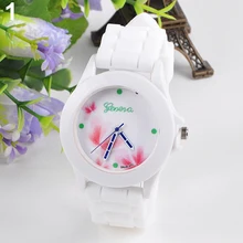 New Newest Women’s Geneva Flowers Printed White Silicone Band Analog Quartz Wrist Watch