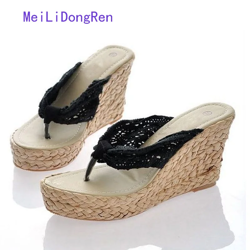 Fashion Women Summer Soft Platform Sandals High Heel Wedge Slippers Lace Straw Shoes Flip Flops 