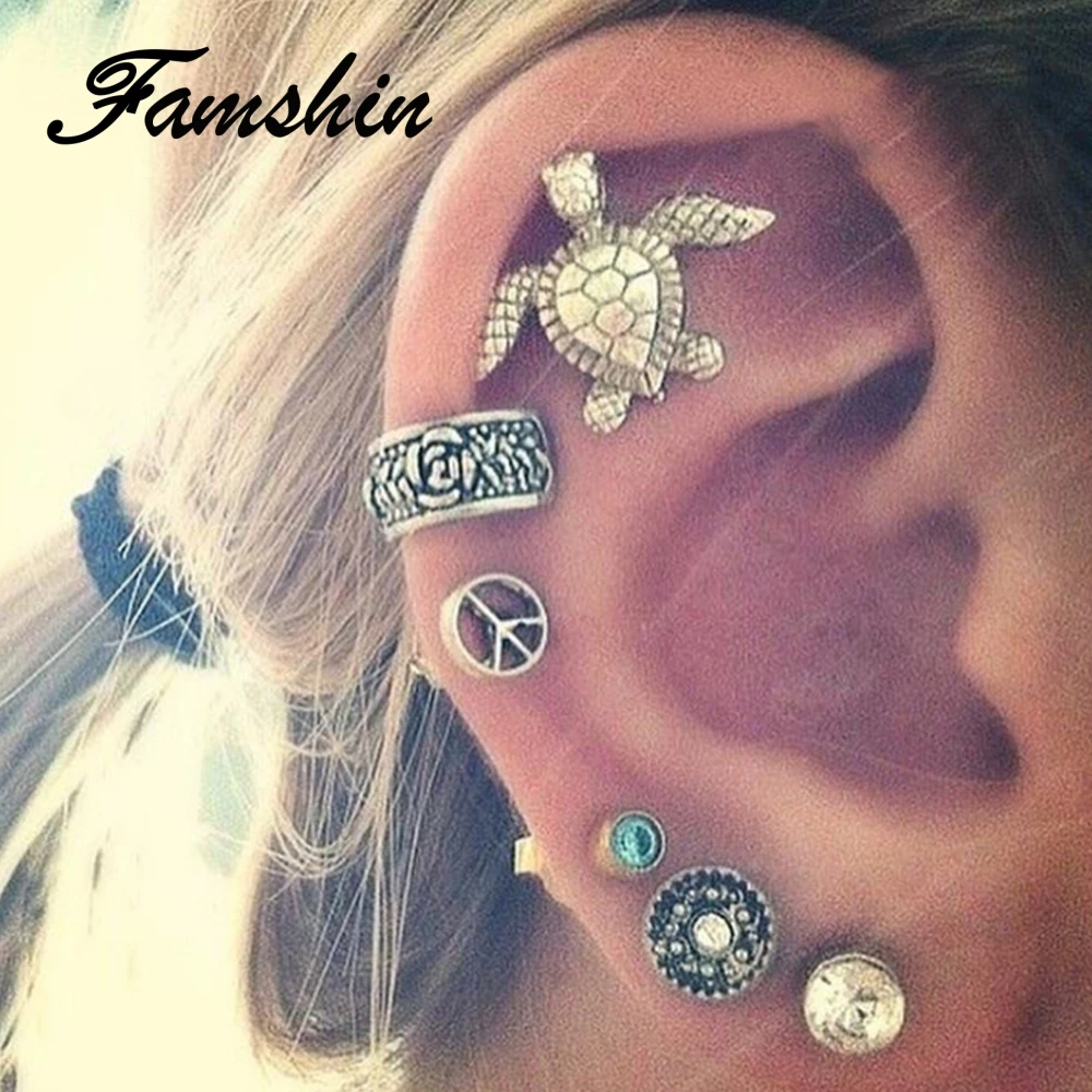

FAMSHIN 6 PCS/Set Tortoise Boho Earrings Set Blue Rhinestone Pendant Earring Tibetan Silver Stud Earrings For Women Beach Jewelr
