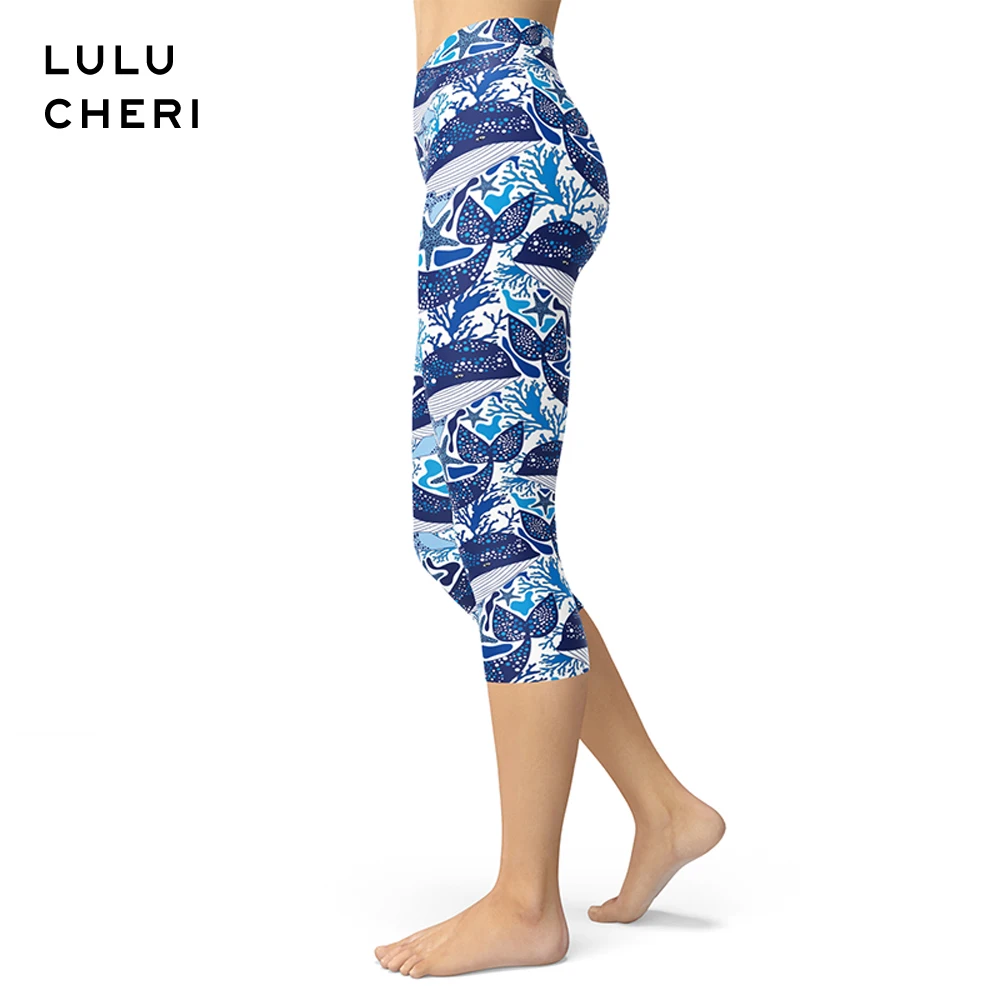 

Summer Marine Life Sea Fish Wave Pattern Printing Capris Women Brushed Buttery Soft Plus Size Breathable Slim Fitness Leggings