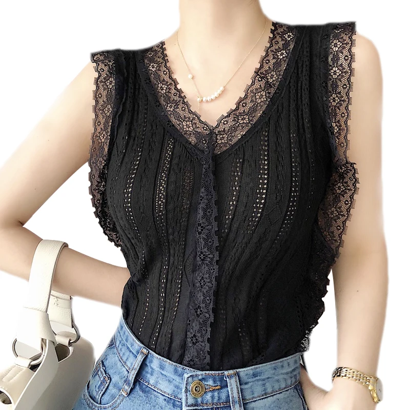 

Lace S- 3XL Women Hollow Out Tank Tops Plus Size Summer Slim Elastic Vest Tshirt Female V Neck Sleeveless T shirts Black White