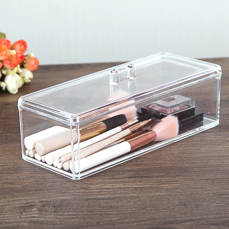 

HUNYOO Rectangle Home Clear Transparent Display Organize Cosmetic Makeup Make Up Cotton Swab Acrylic Box For Storage