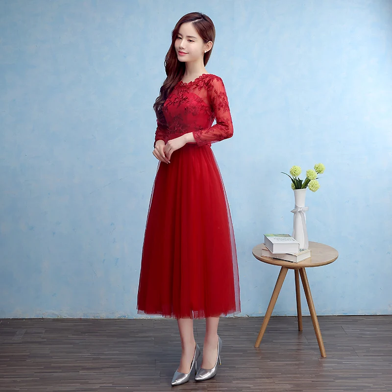 Brand New Bridesmaid Dresses Elegant Long Sleeves Bride Gown High Neck Tulle Ball Prom Party Homecoming/Graduation Formal Dress