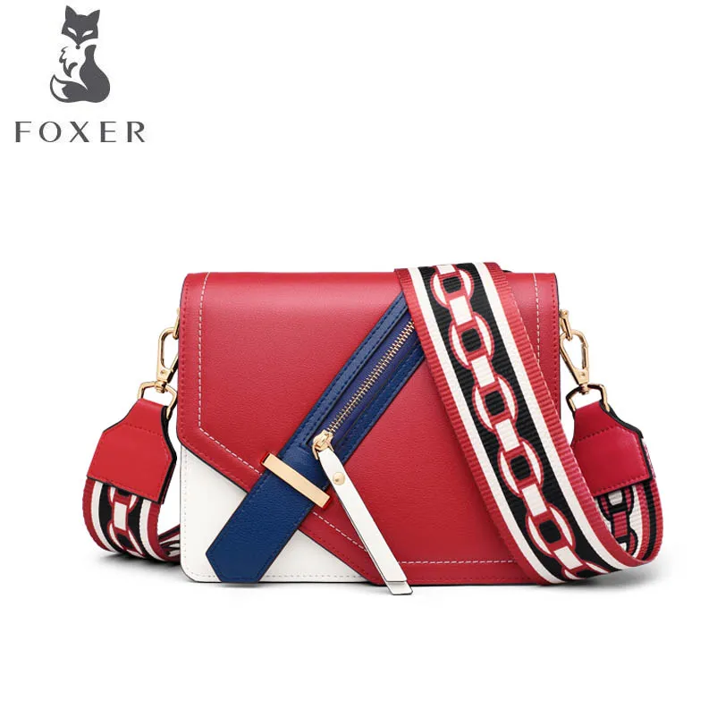 

FOXER 2020 new wave geometry stitching shoulder bag leather contrast color Messenger bag small bag female branded handbag