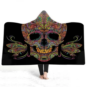 

Fashion Sugar Skull Flower Hooded Blanket for Adults Floral Gothic Sherpa Fleece Wearable Throw Dream Catcher Blanket Microfiber