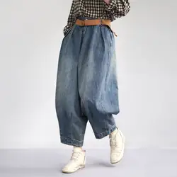 2019 Модные женские джинсовые брюки с карманами, однотонные синие широкие брюки с поясом, повседневные свободные брюки на пуговицах