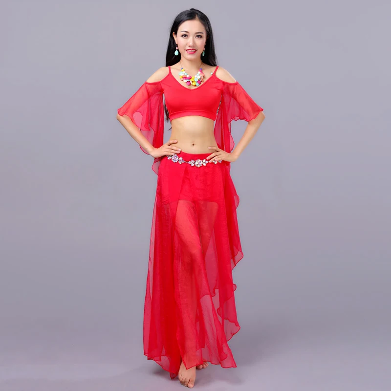 Горячий красный танец живота костюм комплект 3-штук Топ и юбка хип шарф Молоко волокна живота Одежда для танцев Одежда
