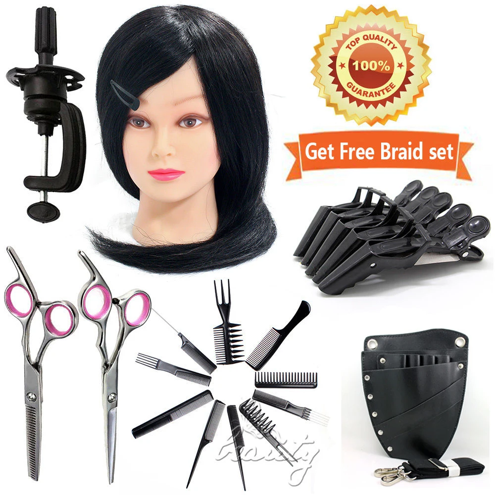 20" 100Real Black Hair Training Head Hairdressing Manikin Salon+Salon