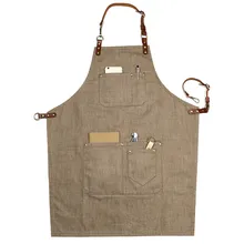 Brown Denim Bib Apron w/ Leather Strap Barber Barista Florist BBQ Chef Baker Bartender Uniform Painter Carpenter Workwear XL K77