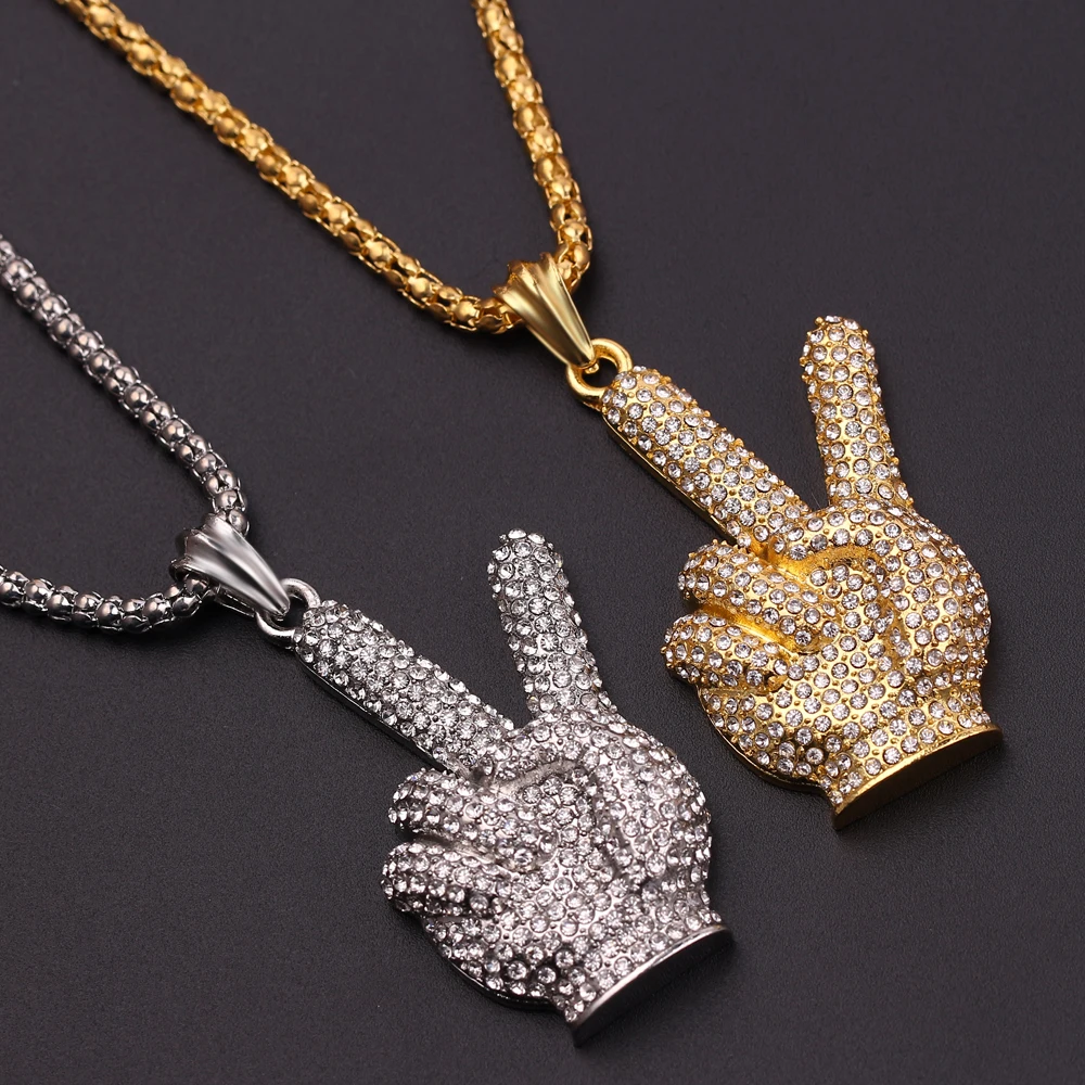 2019 Fashion couple jewelry Victory gesture yeah pendant necklace inlaid crystal choker long for woman girl | Украшения и