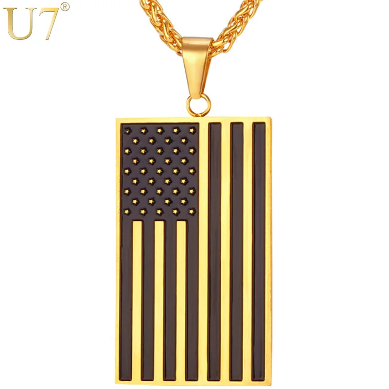 Image U7 American Style Stainless Steel Men Chain Flag Pendent Necklace 18K Gold Plated USA Symbol Necklace Men Jewelry 2016 P695