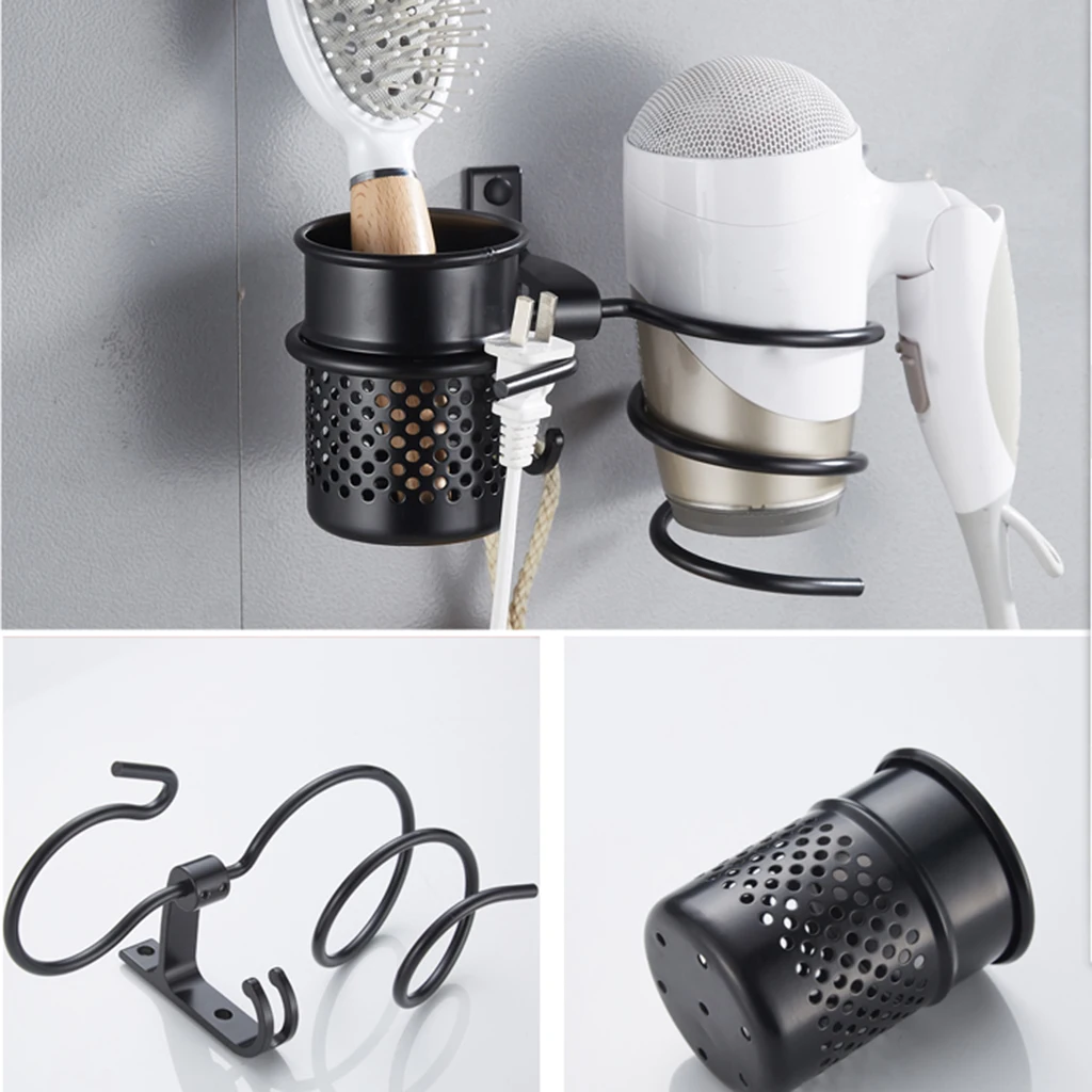 Hair Dryer Holder Hair Blower Dryer Rack Wall Mounted With Storage Cup Antirust Moldproof Durable Sturdy