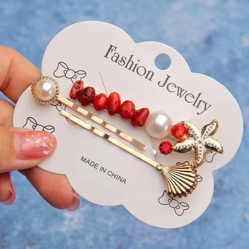 

MINHIN 3Pcs/Set Starfish Hair Clips for Girls Bohemia Sea Beach Jewelry Pins Barrette Hairpin Natural Stone Hair Accessories