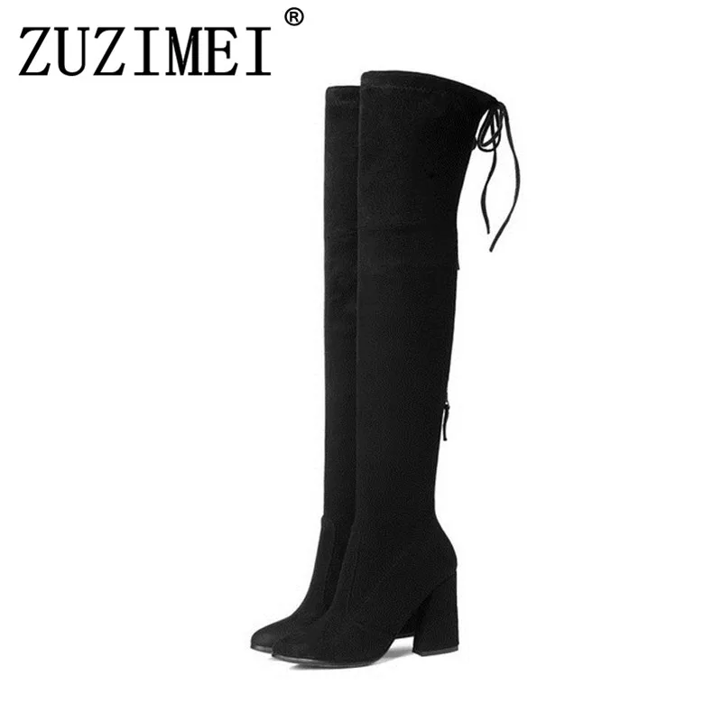 Women Boots Zipper Over The Knee Boots Stretch Fabrics Pointed Toe Look ...