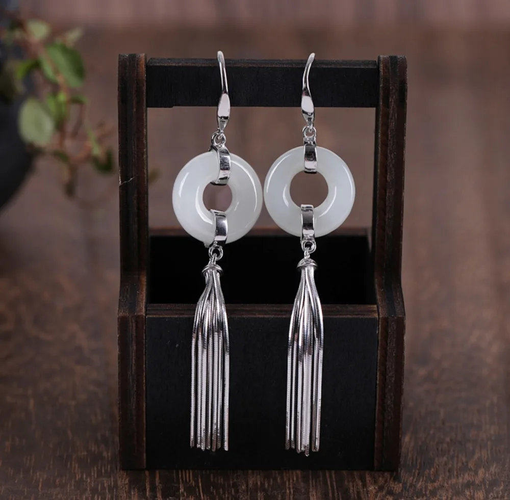 S925 Sterling Silver Hetianbaiyu Female Ear Ornaments Restore Style Peace Buckle Tassel High-end Temperament Free | Украшения и