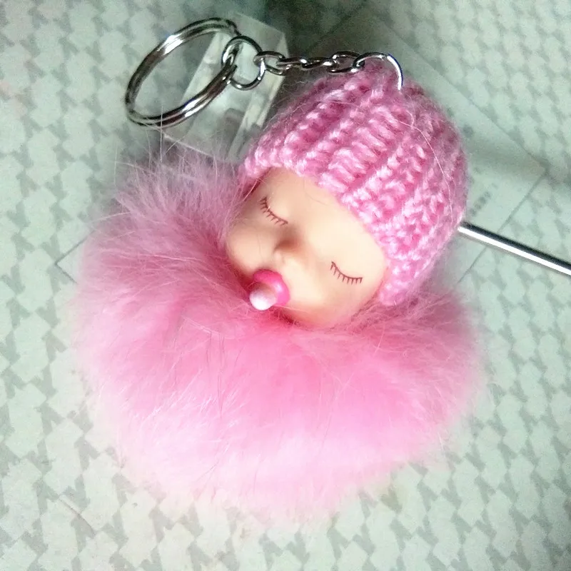 Спящего ребенка милый брелок для ключей мультфильм соску Baby брелок с натуральным кроличьим мехом мяч брелок с помпоном ручной ремесел вечерние подарки - Цвет: Pink