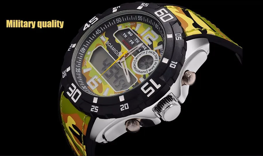 Камуфляжные мужские военные армейские спортивные кварцевые часы цифровые светодиодные часы для плавания водонепроницаемые брендовые резиновые Подарочные Наручные часы BOAMIGO
